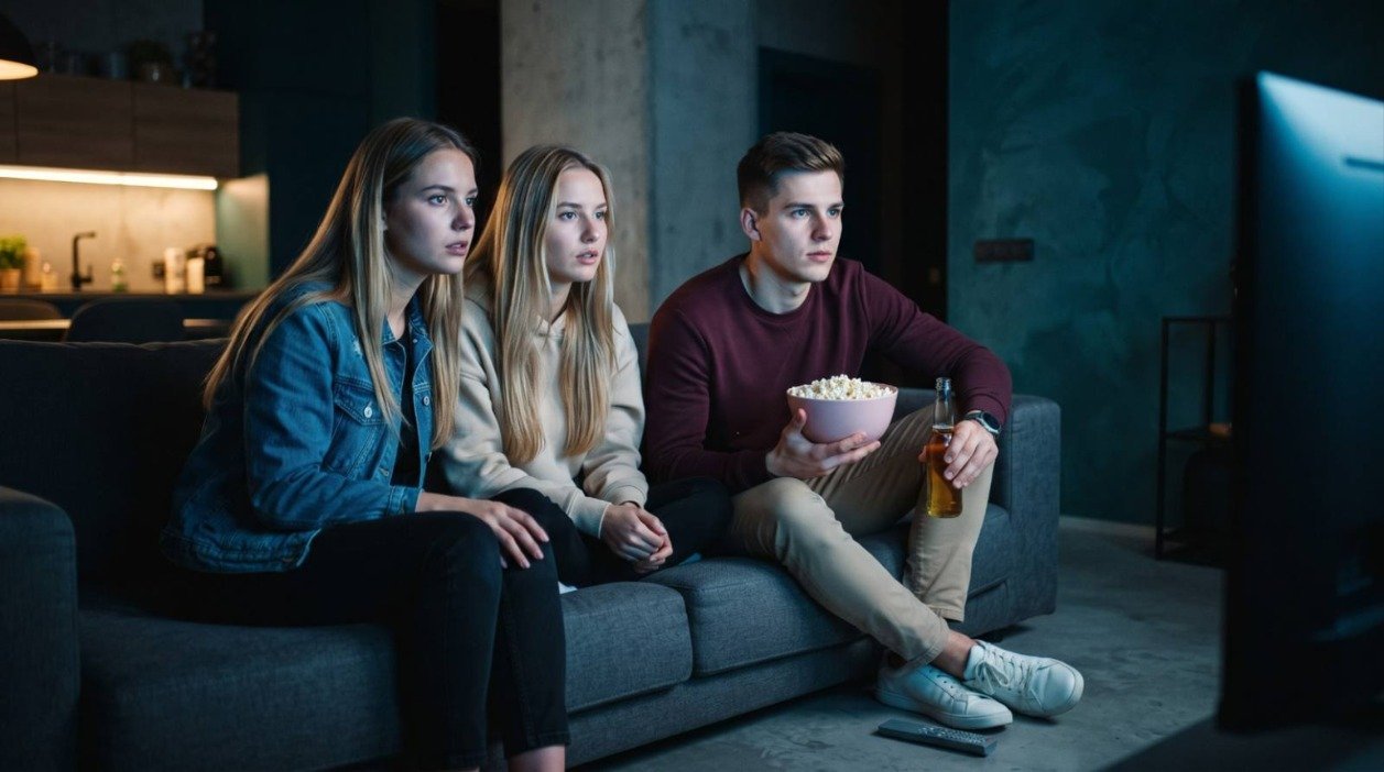 Amigos assistindo TV no sofá durante o Teste IPTV 2026 da Anfreak, com canais em HD e 4K